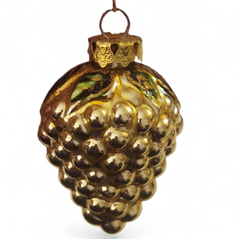Vintage Glass Grape Cluster Ornament Gold Mercury Hand Painted